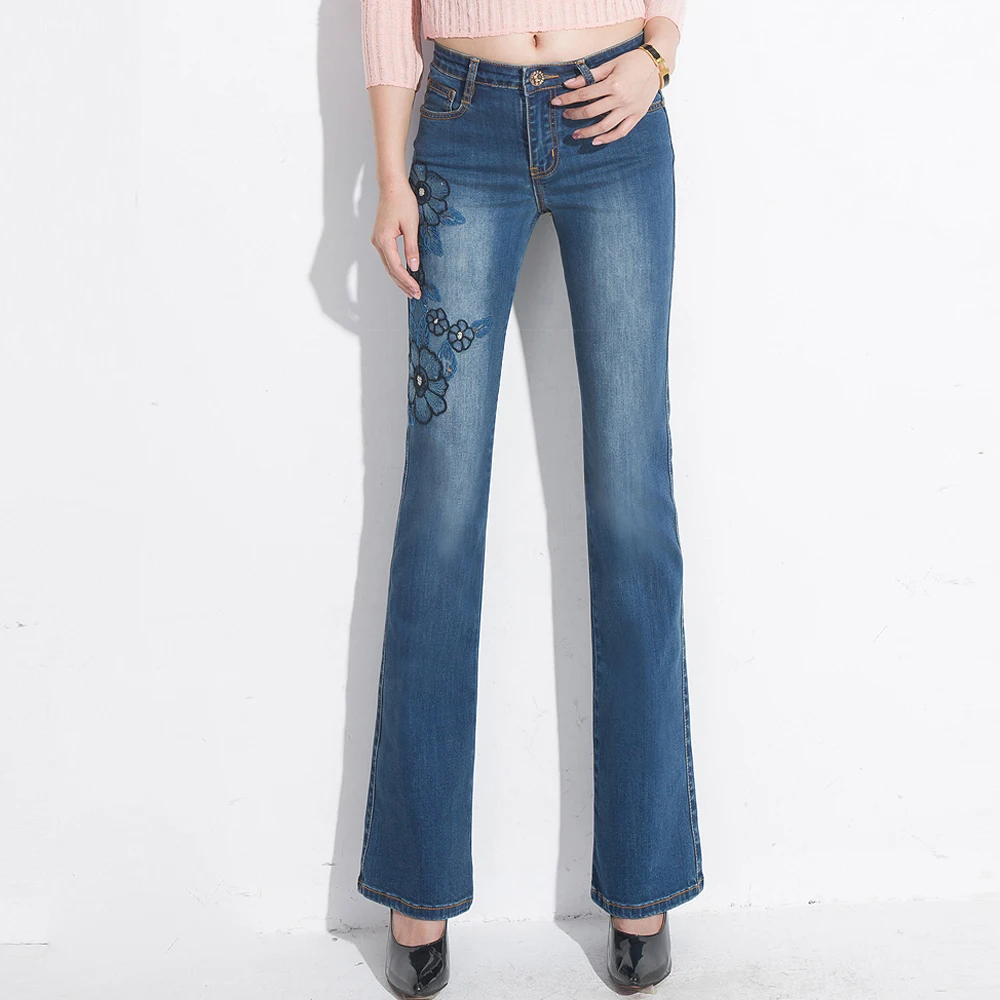 Avec Femmes Stretch Brodé Pantalon Été Jeans Automne Blanchis 2017 Broderie Denim Femelle Floral Printemps Flare Mince Y5Otq5w