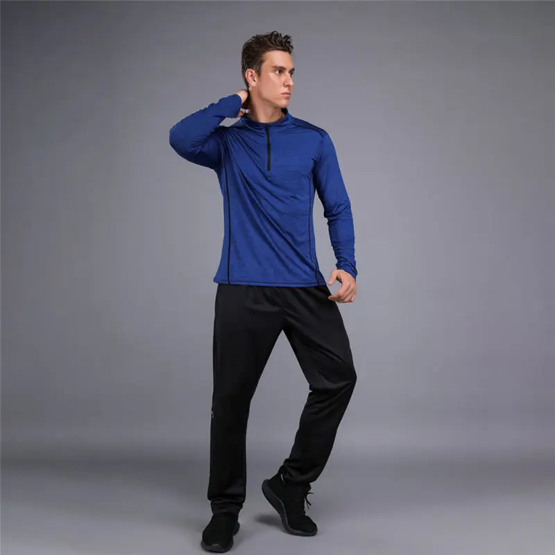 Наборы для бега, мужская спортивная одежда, быстросохнущие спортивные костюмы, дышащая синяя футболка с длинным рукавом+ штаны, одежда для фитнеса, тренажерного зала