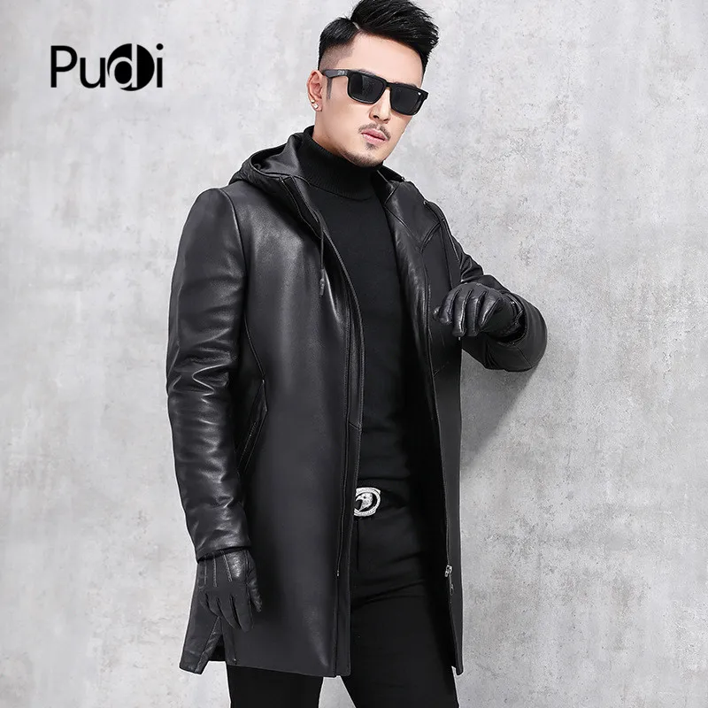 PUDI CF945 2018 для мужчин новая мода Настоящее куртка из овечьей кожи с капюшоном длинные овечьей кожи плюс бархат плотное пальто прилив