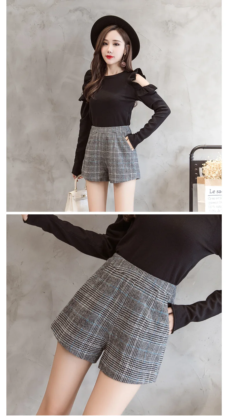 Vintage Plaid Shorts Women High Waist Shorts Fashion Pockets Straight Short Pants Autumn Winter Casual Slim Fit Wool Short