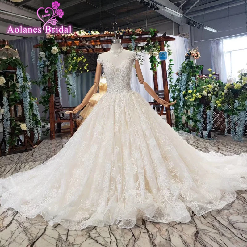 

Luxury Wedding Dresses 2019 Vestido De Noiva Princesa Boho Sparkle High Neck Wedding Ball Gown Full Lace Glitter Robe De Mariee
