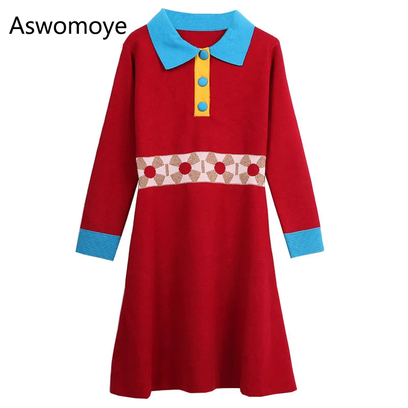

2018 Spring New Stylish Women Sweater Pullover Dress Turn Down Collars with Button Knitted Full Sleeve A-line Casual Dresses