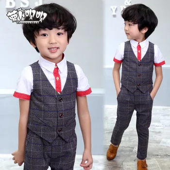 

Retail 1set High Quality baby Vest Suits Fashion Plaid Boy costumes 2-10Yrs Gentle Kids Prom Sets 2-PIeces Child Clothing
