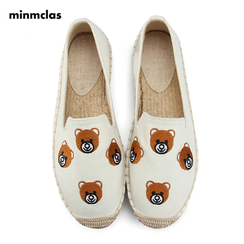 

Minmclas Slippers Fashion Embroidery Bear Comfortable Ladies Womens Casual Espadrilles Shoes Flax Hemp Canvas for Girls