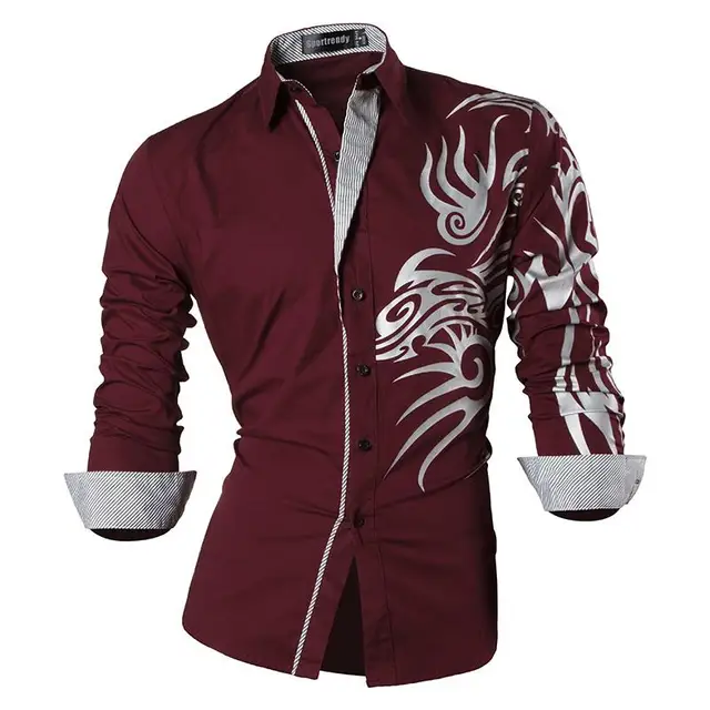 Sportrendy Men's Shirt Dress Casual Long Sleeve Slim Fit Fashion Dragon Stylish JZS041 JZS043-WineRed