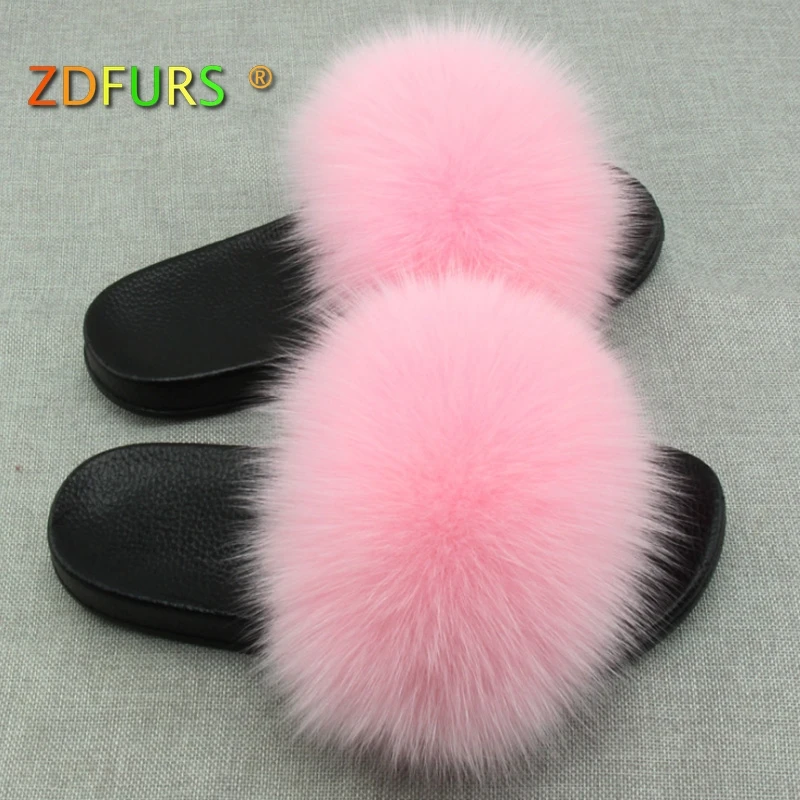 

ZDFURS *Real fox Fur Slippers Women 2018 Sliders Casual Fox Hair Flat Fluffy Fashion Home Summer Big Size Furry Flip Flops Shoes