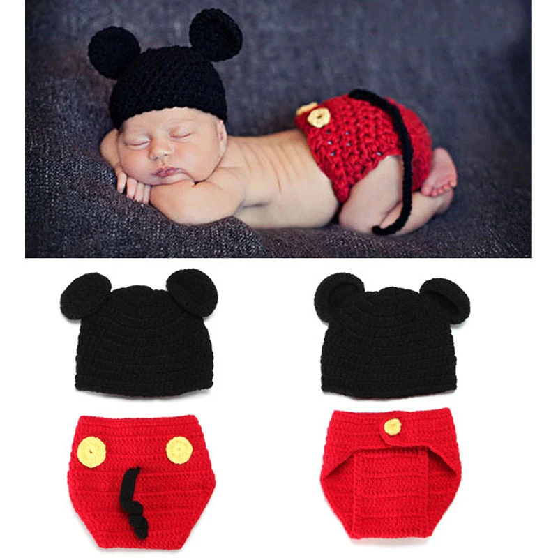 Ensemble de chapeaux Mickey pour bébé, couvre couche, accessoires de  photographie pour nouveau né, Costume de bonnet Animal au Crochet fait à la  main | AliExpress