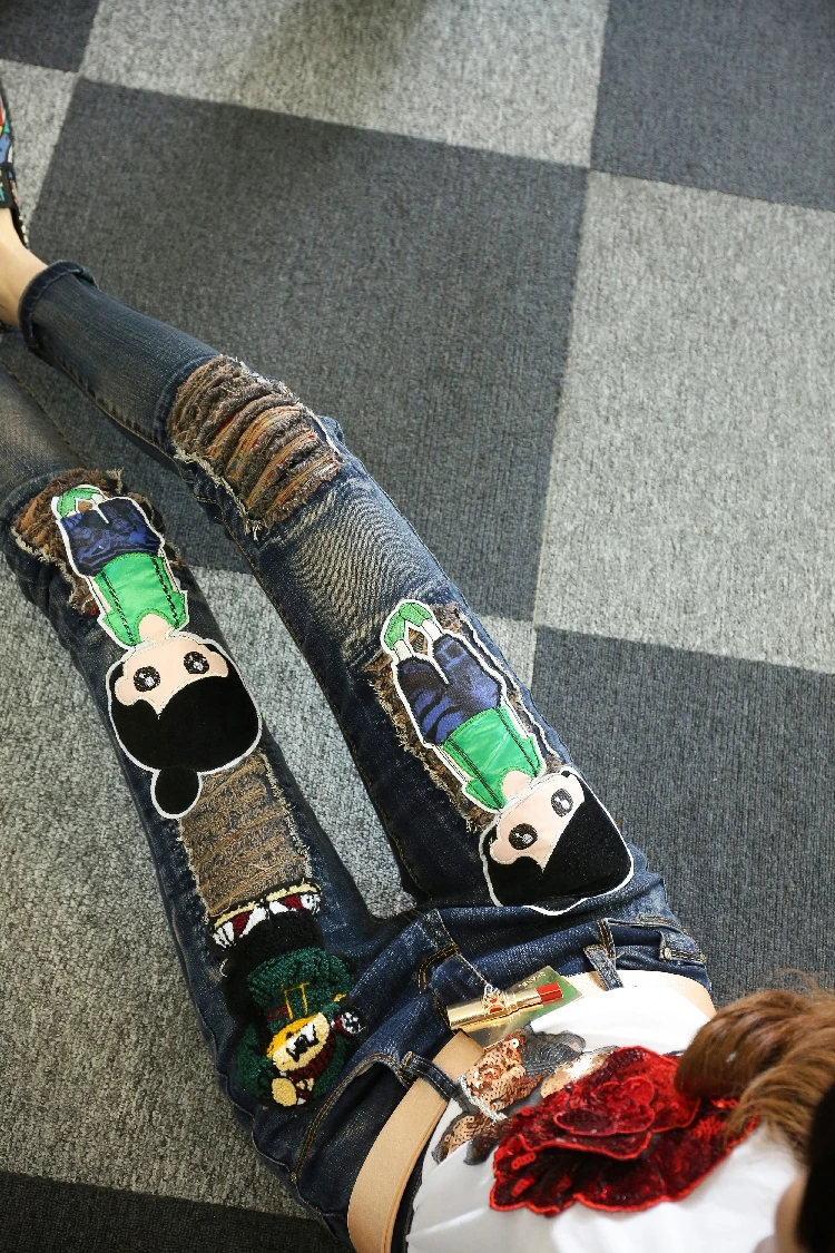Новинка, весенне-осенние рваные джинсовые штаны с рисунком Микки из мультфильма, женские облегающие длинные джинсовые штаны, женские узкие джинсы - Цвет: R