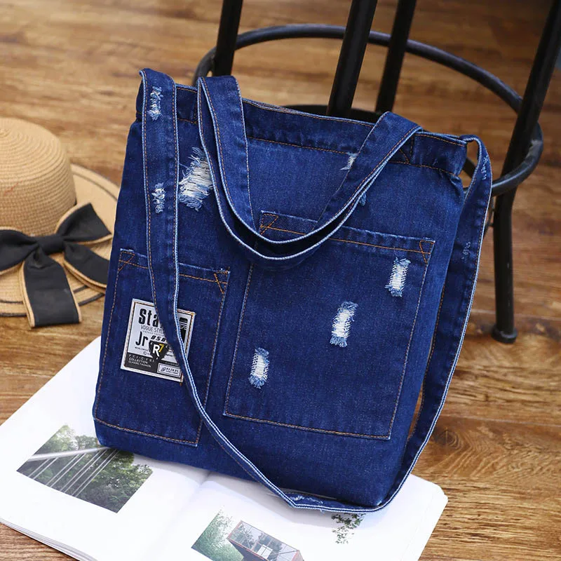 Новая модная женская джинсовая сумка на плечо, сумка в ковбойском стиле, женская сумка для покупок, женские рваные джинсы, дизайнерская школьная сумка для книг, повседневная сумка - Цвет: deep left ripped