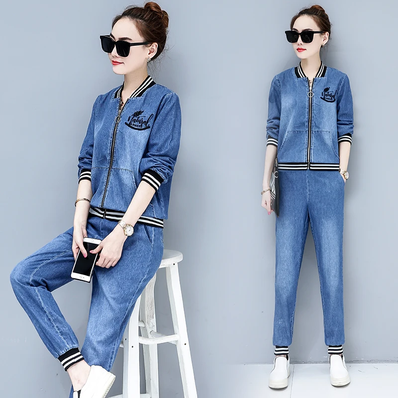 2 piece set women winter denim 2 pcs set crop top and pants suits