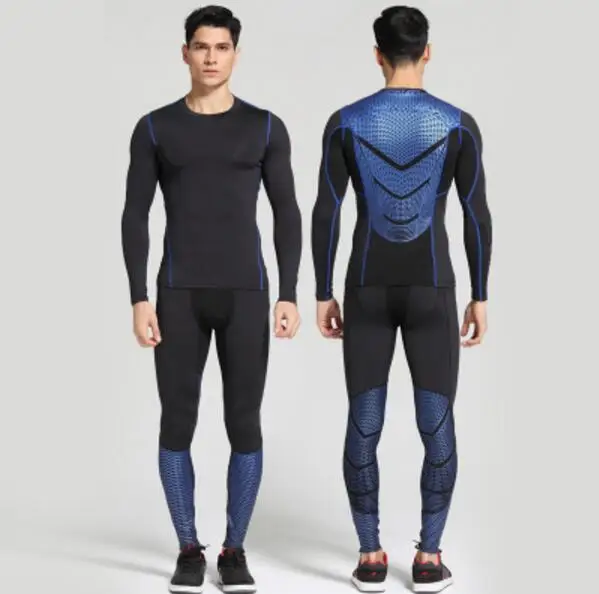 Men Compression MMA Rashguard Fitness Long Sleeves Shirts Base Layer Skin Tight Weight Lifting T Shirts Pants Set - Цвет: 1 Set