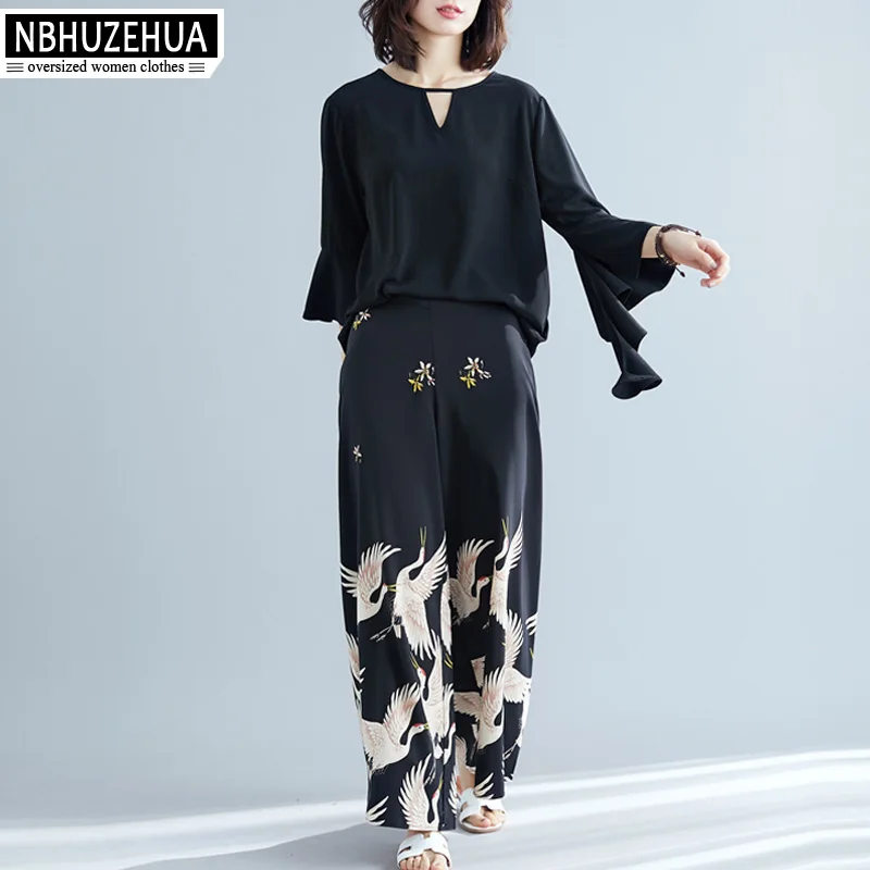 

NBHUZEHUA Two Piece Set Top and Pants Chiffon Crane Print Black Summer Set Elegant 2 Piece Outfits For Women Plus Size 19-D232