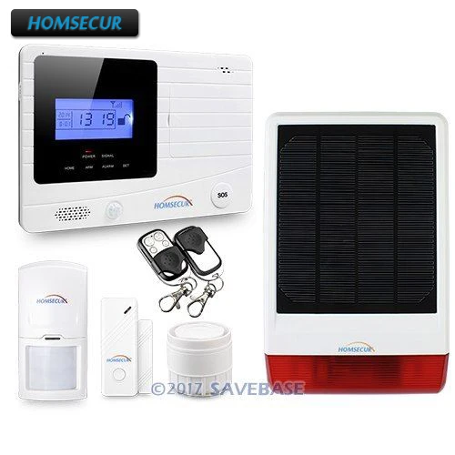 HOMSECUR Wireless Wired GSM Autodial Home font b Alarm b font System Solar Energy Flash Siren