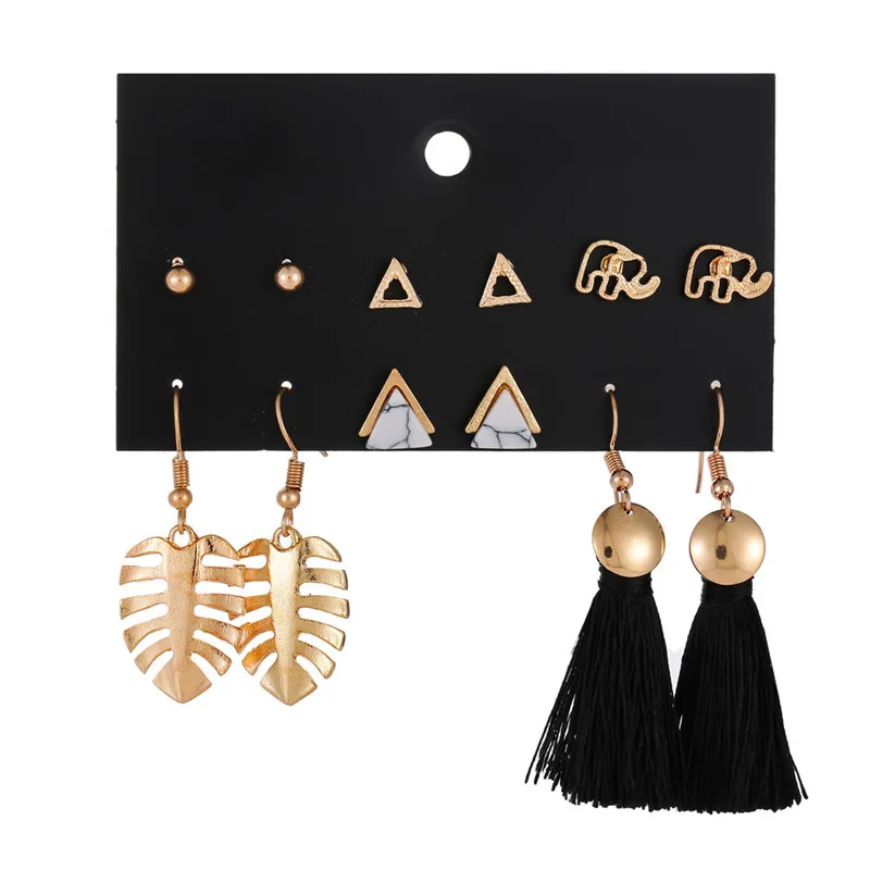 

New fashion 6pairs/set women jewelry wholesale mix Gold color leaf long black tassel elephant triangle stud earring sets