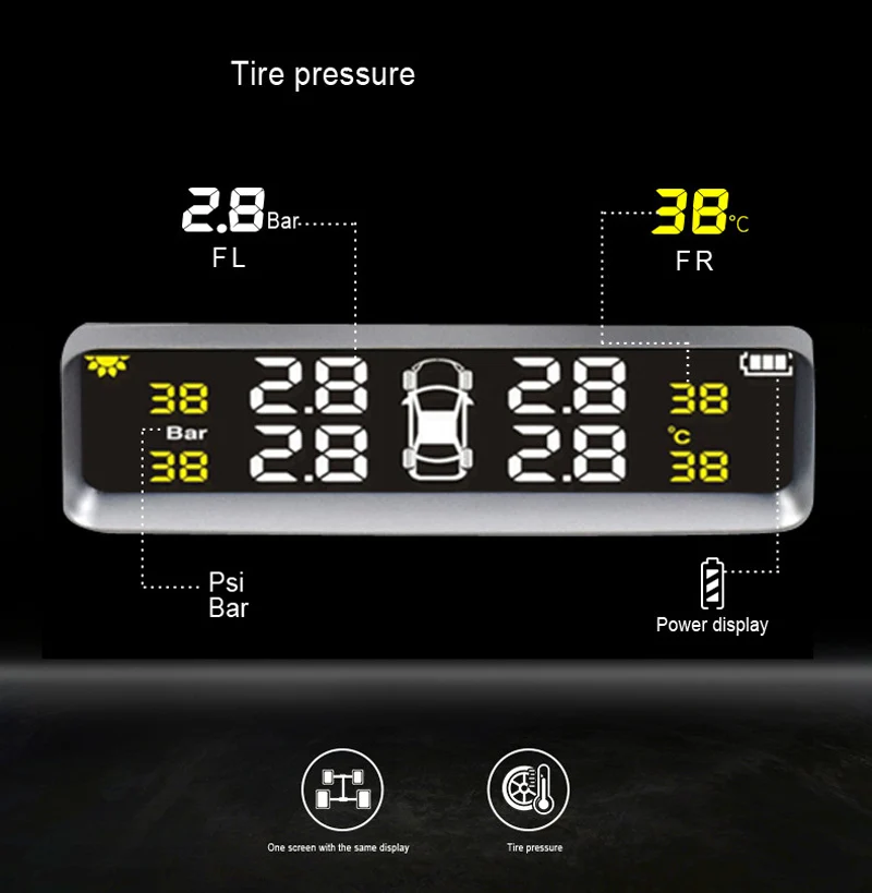 Solar TPMS Car Tire Pressure Alarm Monitor System Display 4 Internal  External Sensor Temperature Warning 2