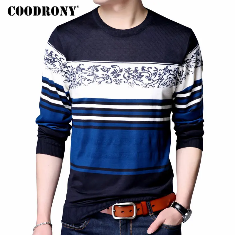 

COODRONY Sweater Men Striped Print Casual O-Neck Pullover Men Clothes 2018 Autumn Winter Thin Sweaters Plus Size Pull Homme 8175