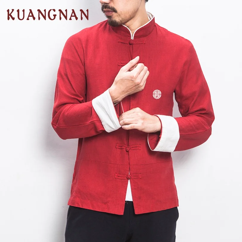 

KUANGNAN Chinese Style Men Shirt Long Sleeve Casual Slim Fit Streetwear Men Shirt Man Linen Casual Shirt Men Clothes 2019 Autumn