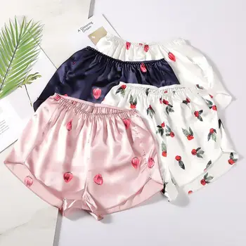 

Women's Summer Anti-light Strawberry Print Pattern Thin Section Three Pants Wear Real Silk Satin Loose Leggings