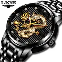 LIGE Men Watches Top Brand Luxury Gold Dragon Sculpture Analog Quartz Watch Men Full Steel Waterproof Wristwatch Reloj Hombre