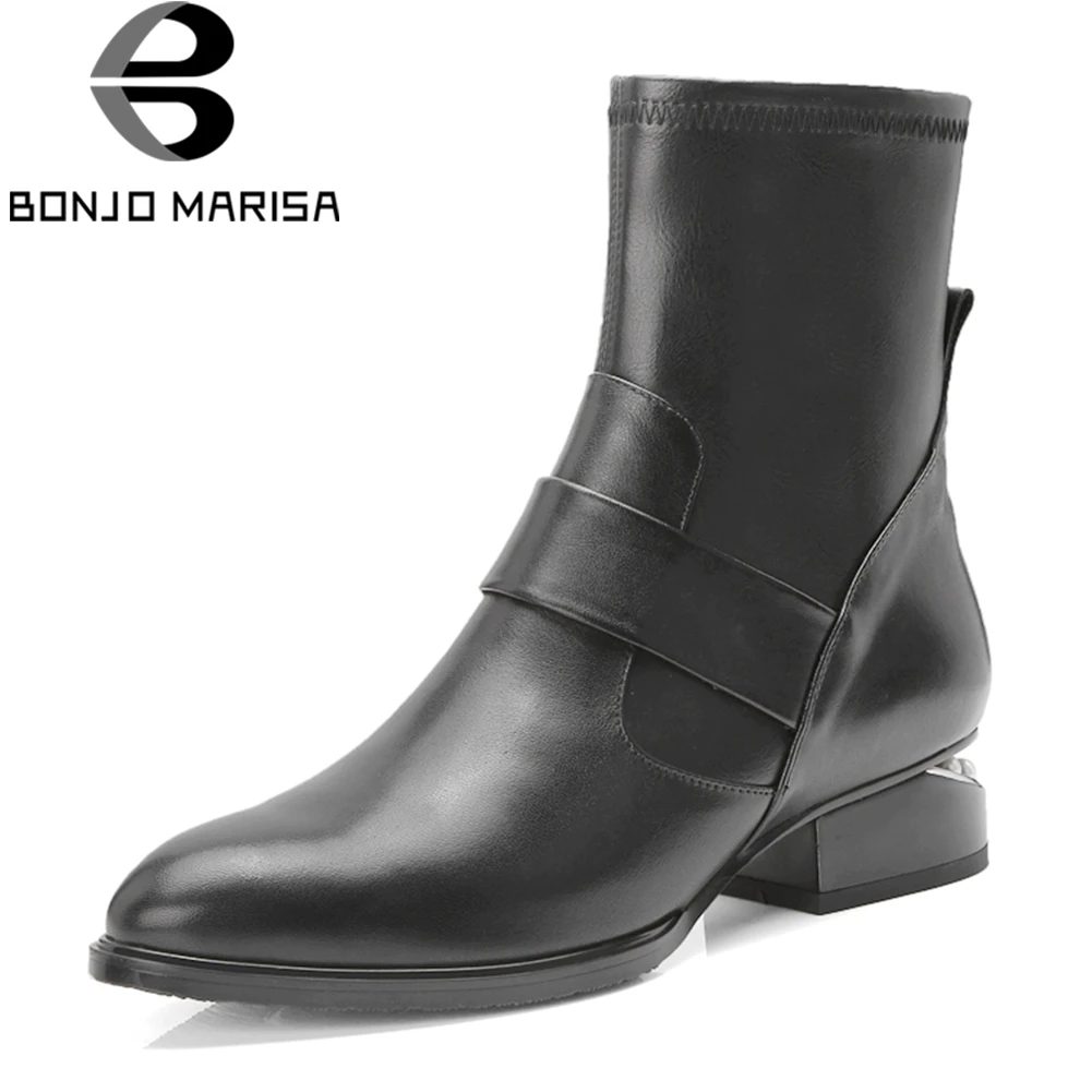 

BONJOMARISA Brand Black Ankle Chelsea Boots Women Genuine Leather Autumn Winter 2019 Platform Low Heels Shoes Woman Size 34-42