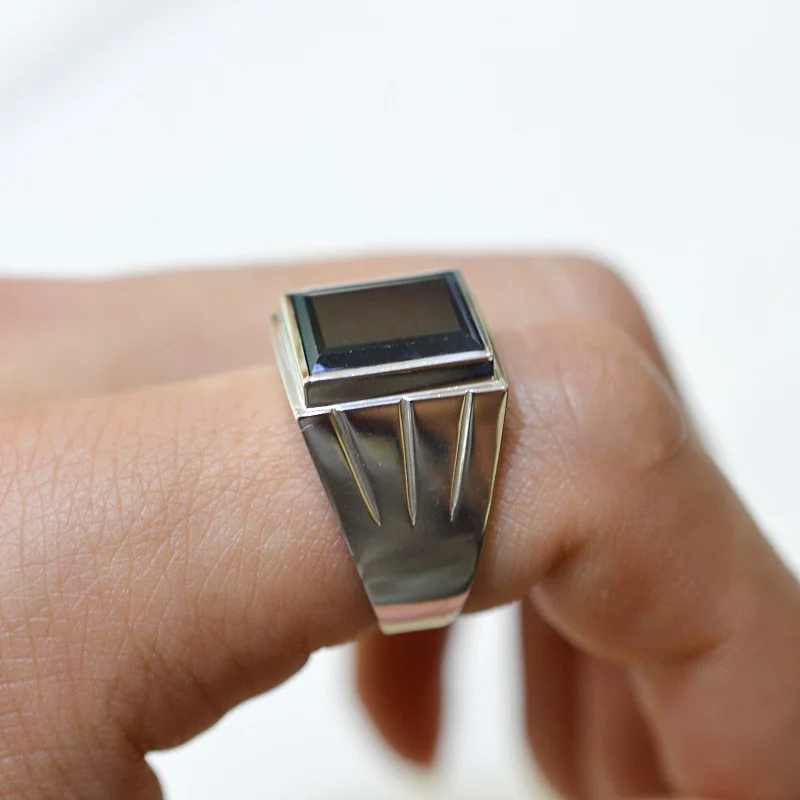 natural black sapphire 12*14mm ring for man solid 925 Silver sapphire gemstone ring jewelry for man