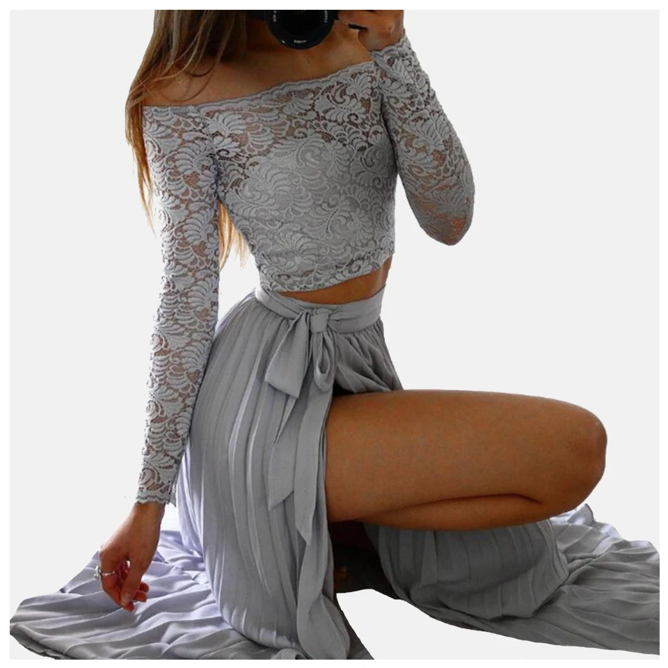 

Two Piece Dress Set Robe Femme Ete 2019 Crop Top Dress Blue Lace Sukienka Shiny Off Shoulder Ruched Thigh Slit Dress Women Kleid