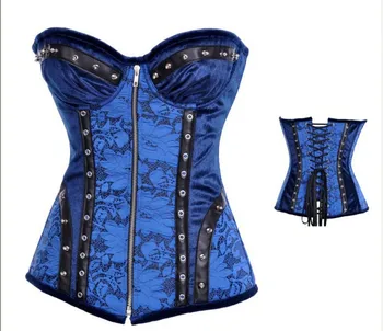 

Women Sexy Dark Blue Corset Lingerie Full Steel Bone Front Zipper Corset for Lady