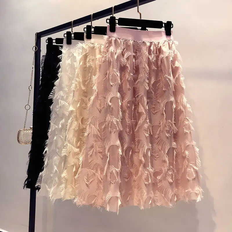 

High Waist Skirt Women Faldas Summer Feather Tassel Stitching Pleated Skirt Jupe Femme Plus Size Maxi Long Skirt Womens C4539