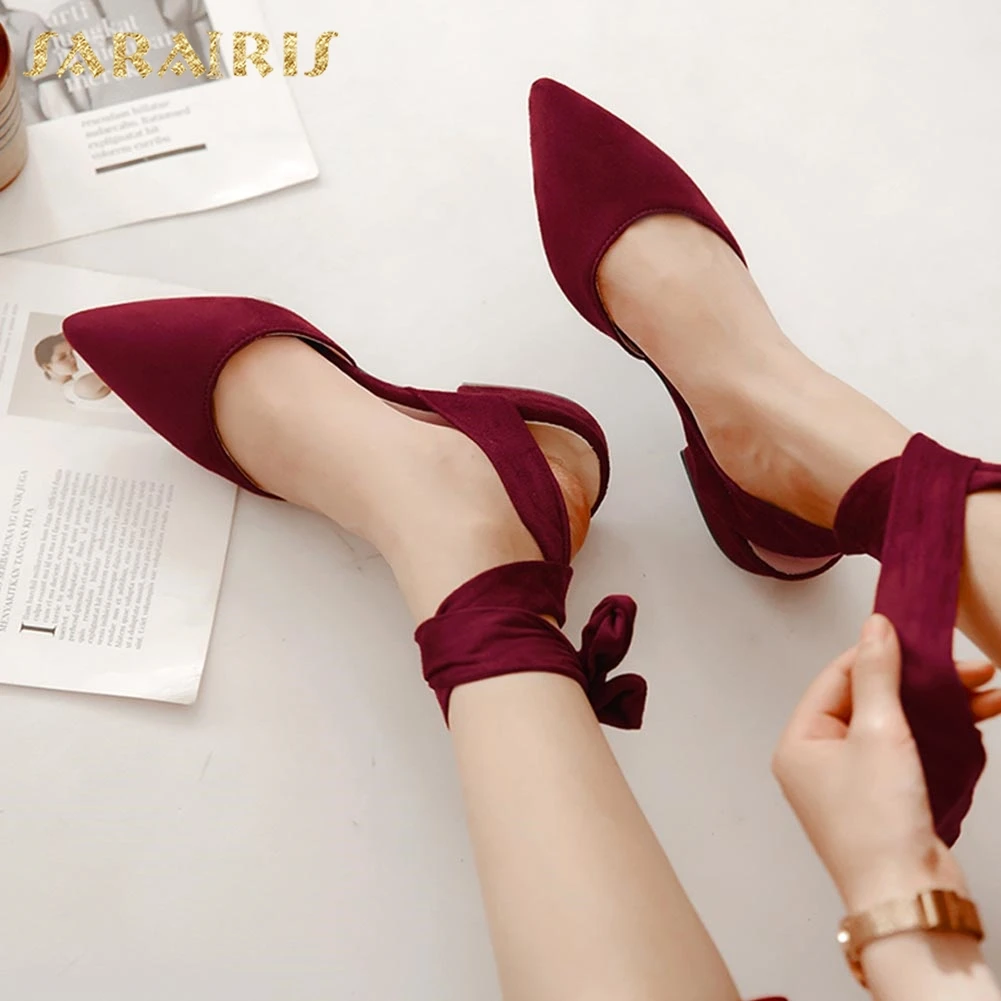 

SarIris Popular Ankle Wrapped Lace Up Low Chunky Heel Pointed Toe Summer Shoes Oman Sandals Large Size 32-48