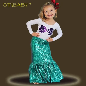 

The little Mermaid Clothing Sets for Girls Purple Shell Long Sleeve T Shirts & Ariel Green Skirts Toddler Kids Party Dresses