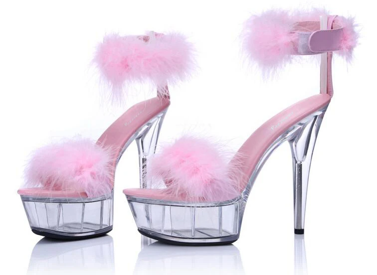 Сандалии женские модельные туфли на платформе с Т-образным ремешком для сцены; коллекция года; летние туфли пикантные туфли на высоком каблуке 15 см свадебные туфли с перьями; большие размеры