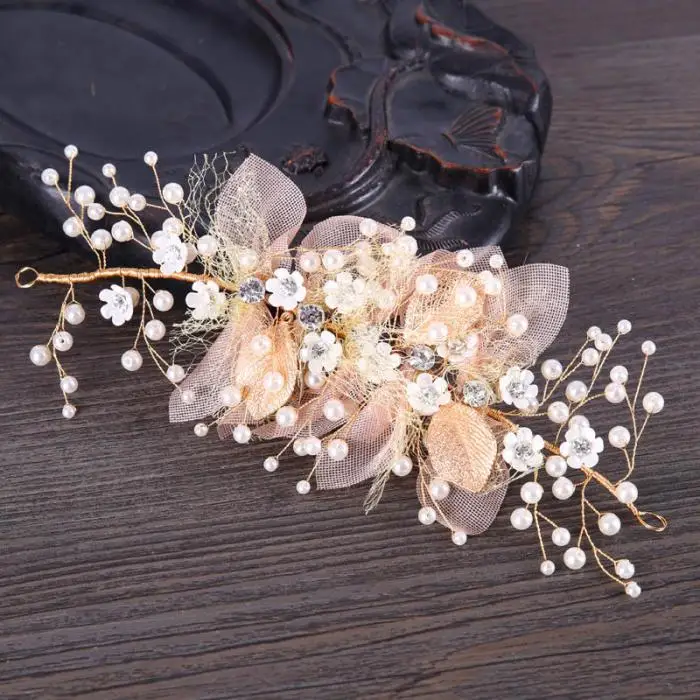 Romantic Korean Silk Yarn Flower Gold Leaf Rhinestone Bride Headdress Beauty Bridal Wedding Headpiece Hair Accessories JL