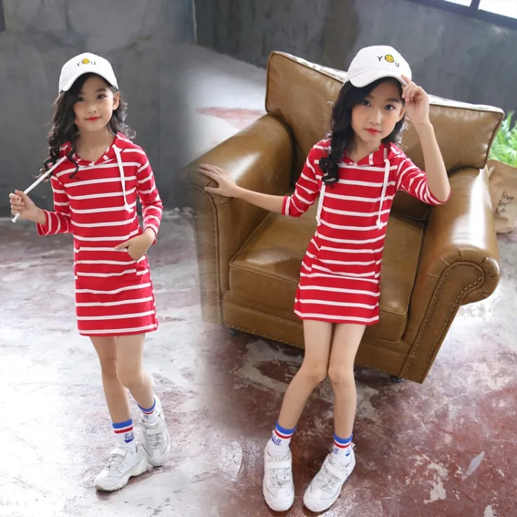 Girls Dress 3 10 to 12 years Striped Dress For Girls Casual Long Sleeve Infantil Children Clothing Hooded Vestidos costume kids