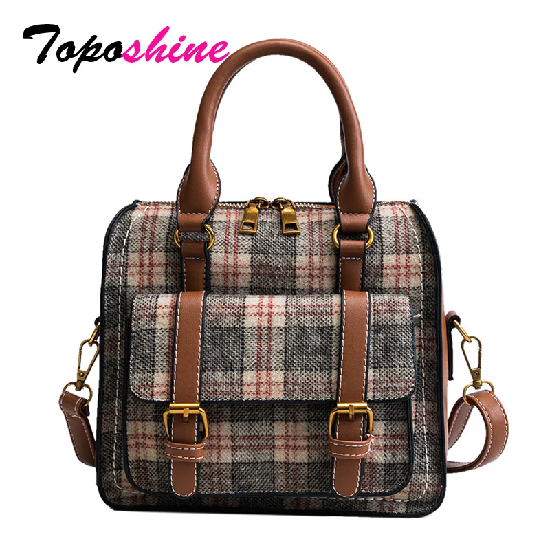 

Toposhine Korean Style Vintage Plaid Wool Women Handbag Square Preppy Fashion School Girl Shoulder Bag Hop Sale Zipper Lady Bags