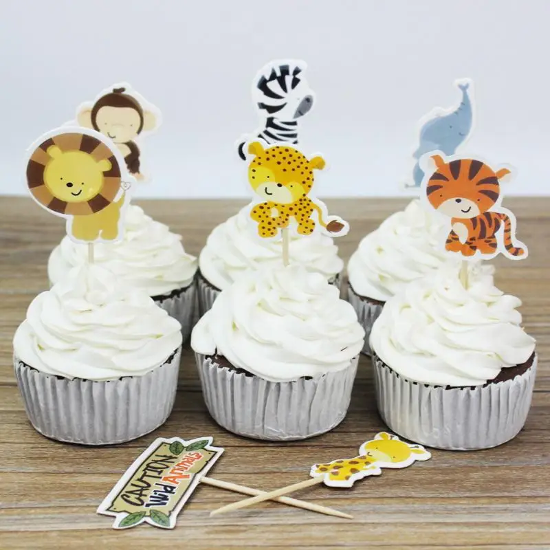 

24Pcs/lot Safari Cake Toppers Party Cupcake Decoration Party Gifts for Kids Birthday Baby Shower Supplies Cake Inserts Cards
