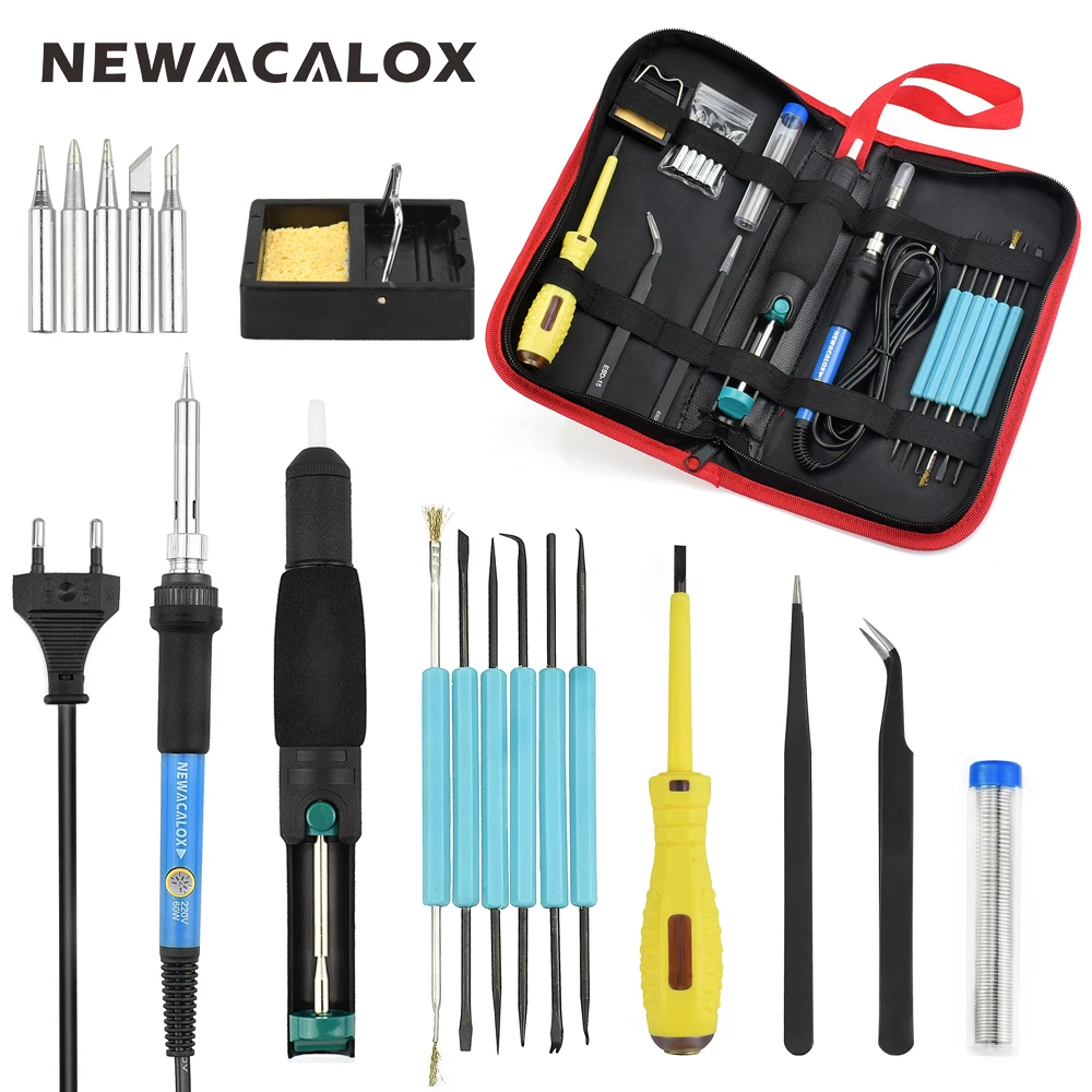 NEWACALOX EU 60W 220V Adjustable Temperature Electric Soldering Iron Kit Welding BGA Repair Tool Bag Set Solder Wire Test Pencil