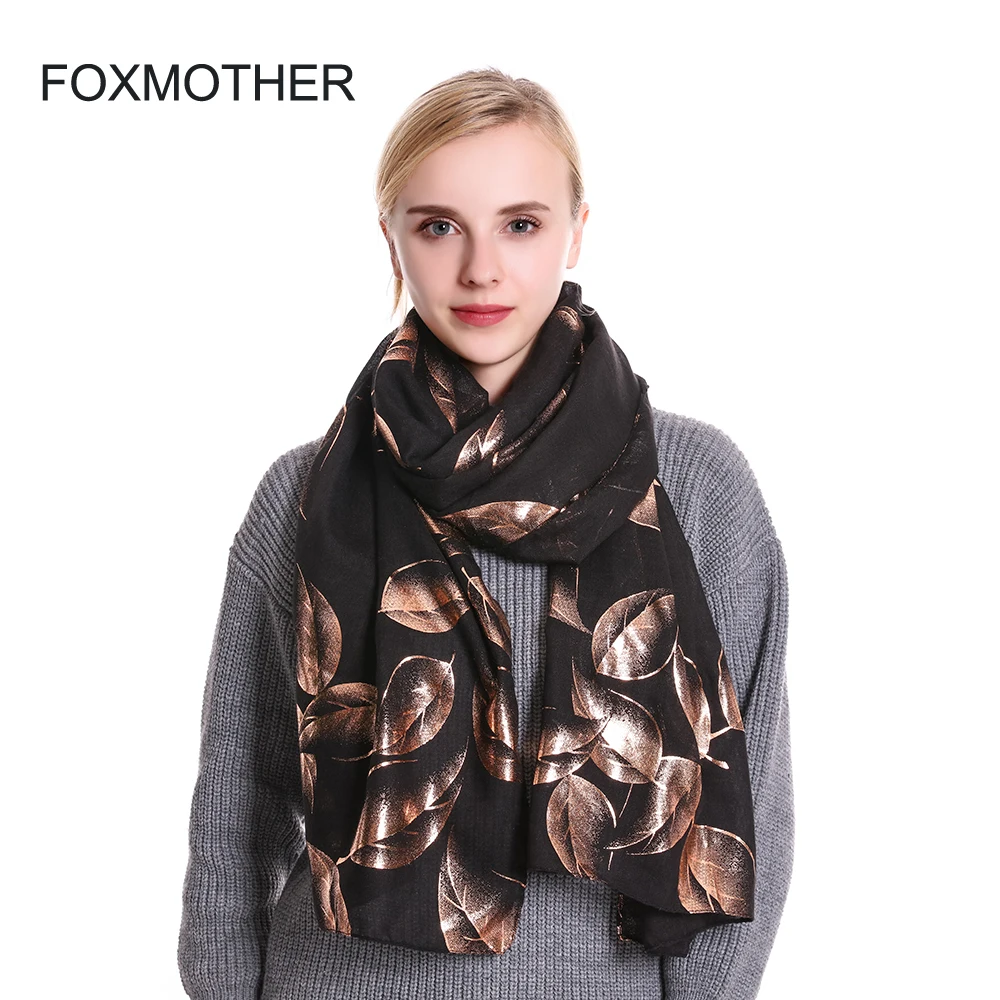 

FOXMOTHER 2019 New Fashion Shiny Pink White Navy Color Foil Gold Glitter Leaves Scarf Shawl Wrap Muslim Hijab Scarves For Women