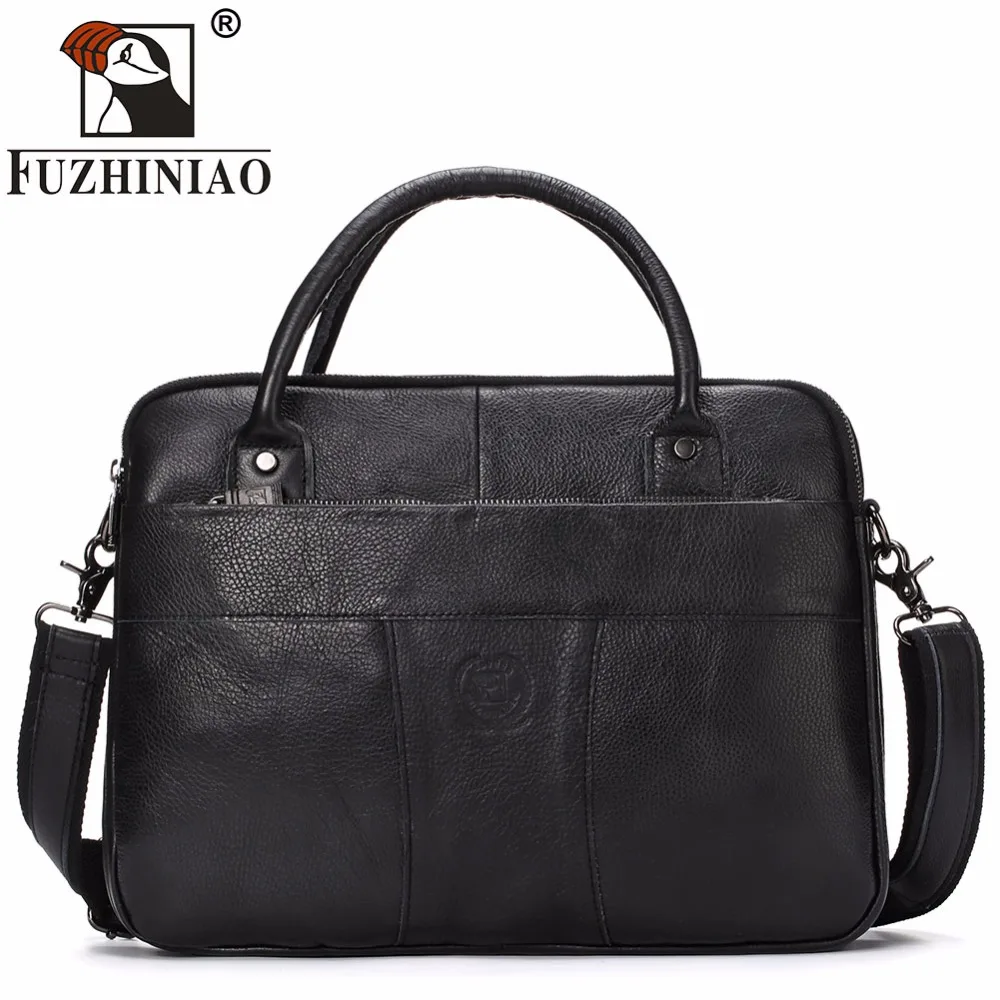 

FUZHINIAO Genuine Leather Mens Bags Business Handbags Men's Briefcase Laptop 14'' Messenger Bag Male Shoulder Office Bag 2018