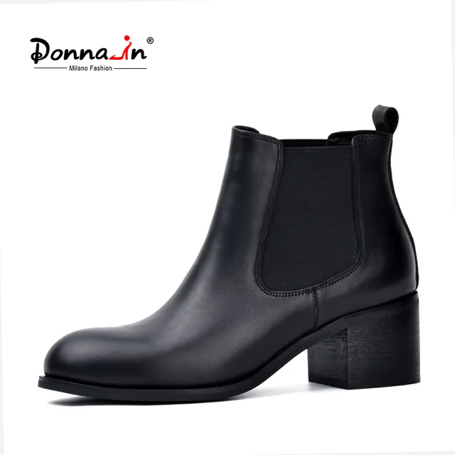 Donna-in/зимние женские ботинки из натуральной кожи, классические женские ботинки «Челси» из натуральной кожи, ботильоны на толстом каблуке с круглым носком
