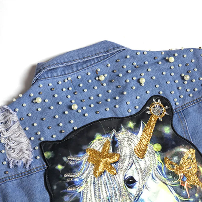 Trou Printemps Longues Perles De Plus Lâche À Femmes Lr78 2018 Paillettes Bande Automne Blue Tops Lavage Taille Veste Manches Impression Nouveau La Manteau Dessinée L'eau Denim PWqqvw5B