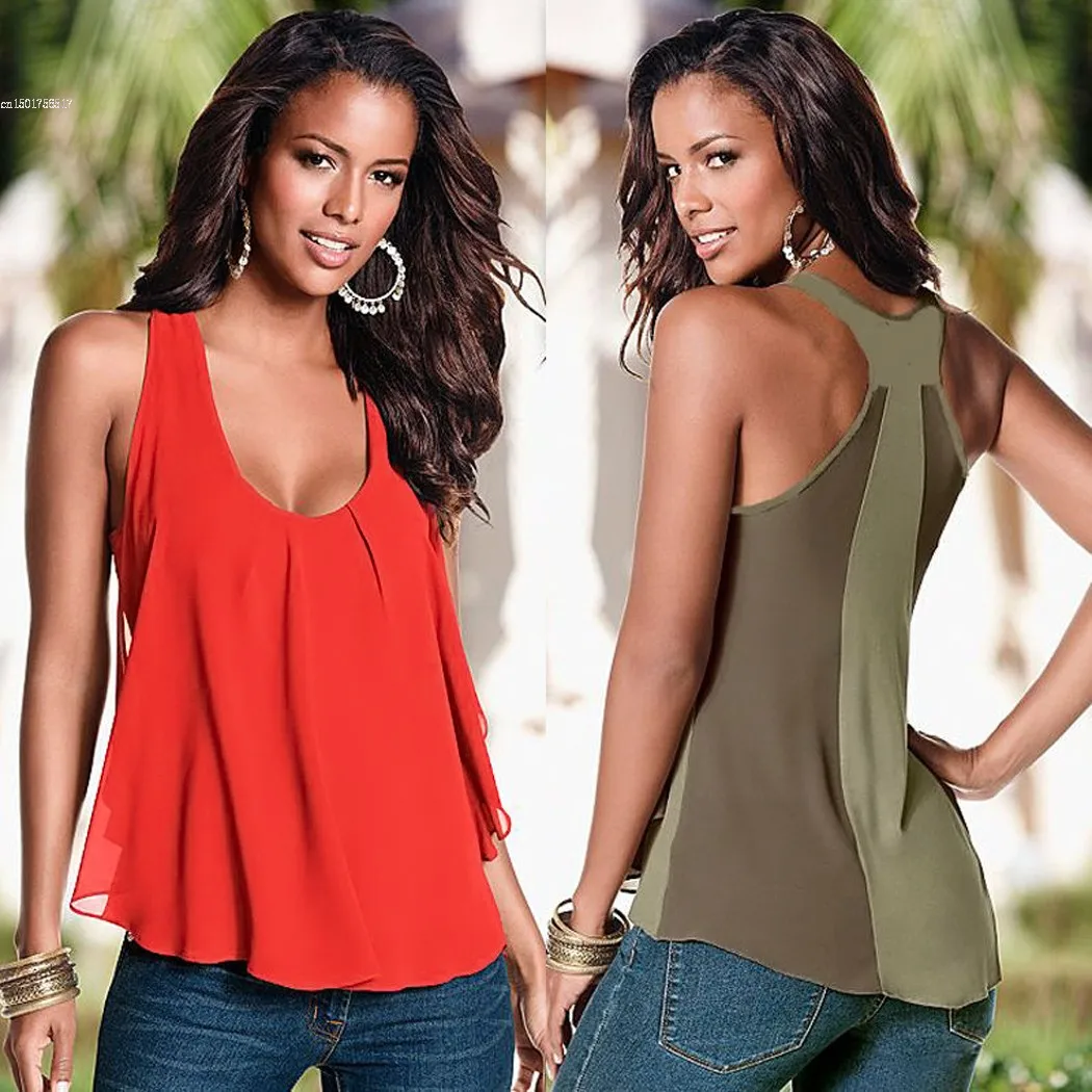Women Casual Tanks Irregular Hem Loose Chiffon Tops Sleeveless Vest T