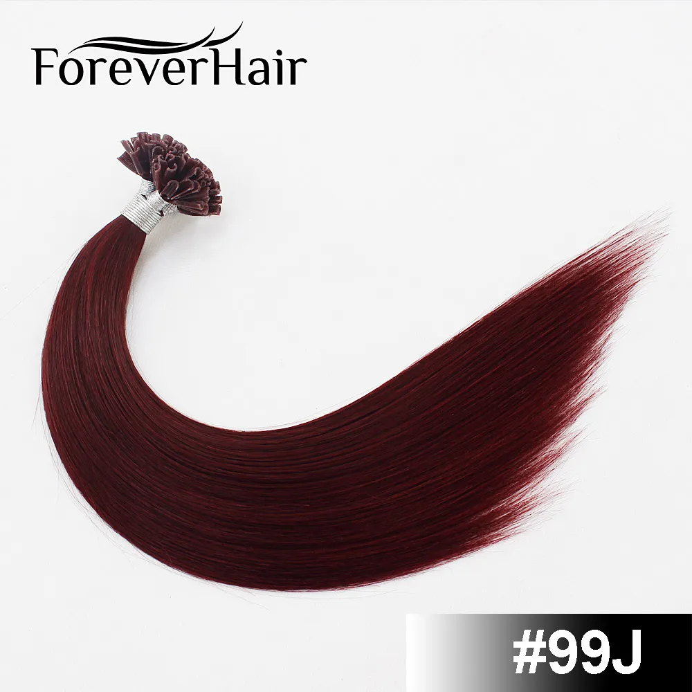 FOREVER HAIR 0,8 г/локон 1" Remy Nail U Tip Prebond Кератин клей человеческие волосы для наращивания темно-коричневый#2 50 прядей прямой Fusion - Цвет: # 99J