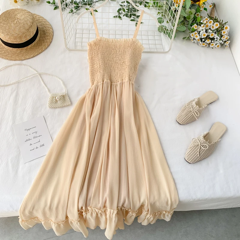 

2019 summer new women's strap sleeveless waist Chiffon fairy dress female waist-folded lotus leaf-edged pleated dresses