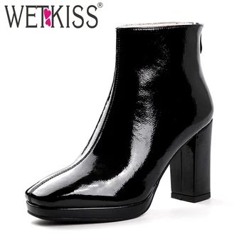 

WETKISS Platform Ankle Boots Women High Heels Booties Square Toe Shoes Female Party Cow Leather Shoes Ladies Zip Shoes Autumn