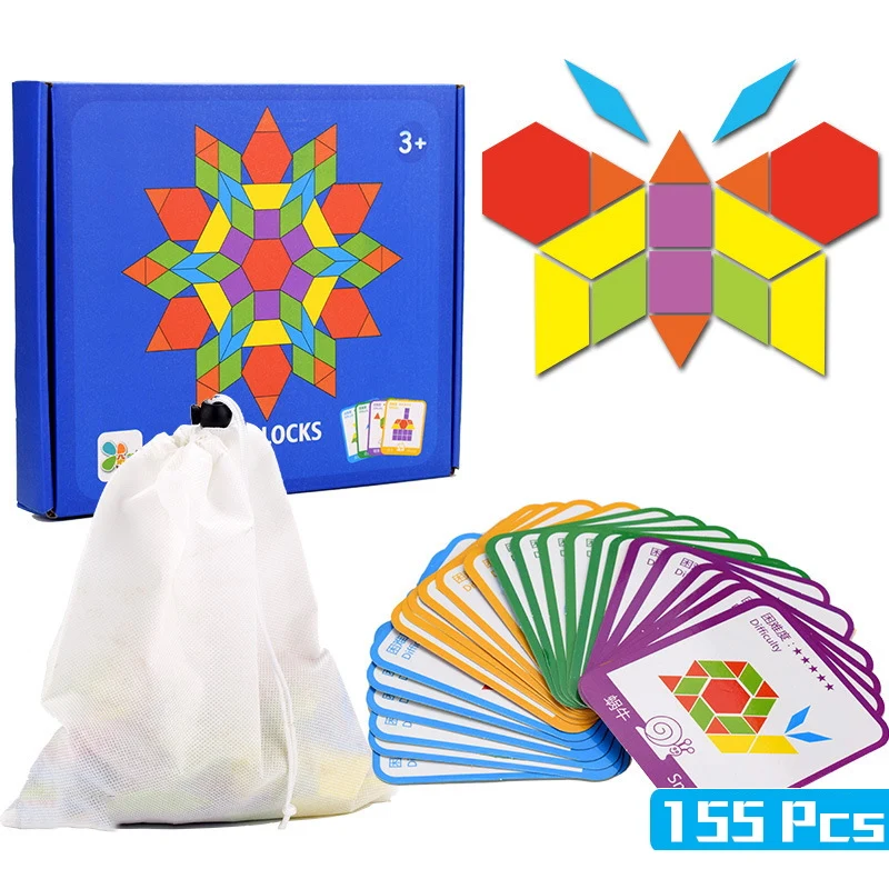 

Montessori Wooden Jigsaw Puzzle Tangram 155Pcs Colorful Baby Educational Wooden Toy for Children Learning Developing Toys Gift