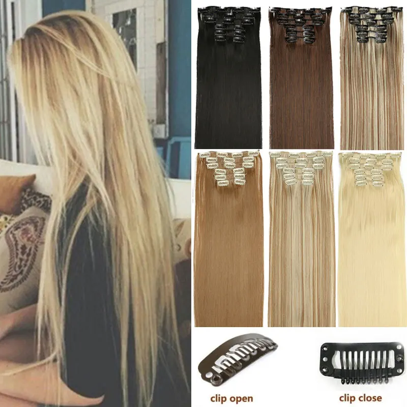  Long Blonde hair Synthetic Clips in Hair Extensions Straight 22