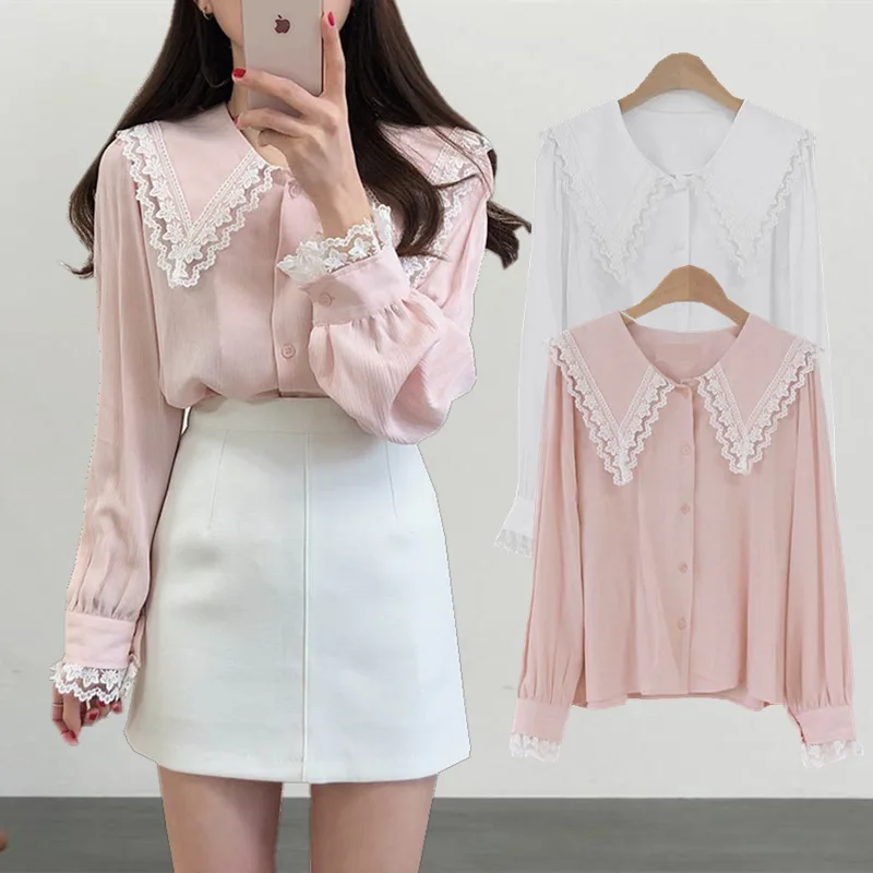 

2019 Rushed Polyester Cotton Regular Ruffles Plus Size Blusa Spring New Korean Version Sweet Cute Stitching Lapel Sleeve Shirt