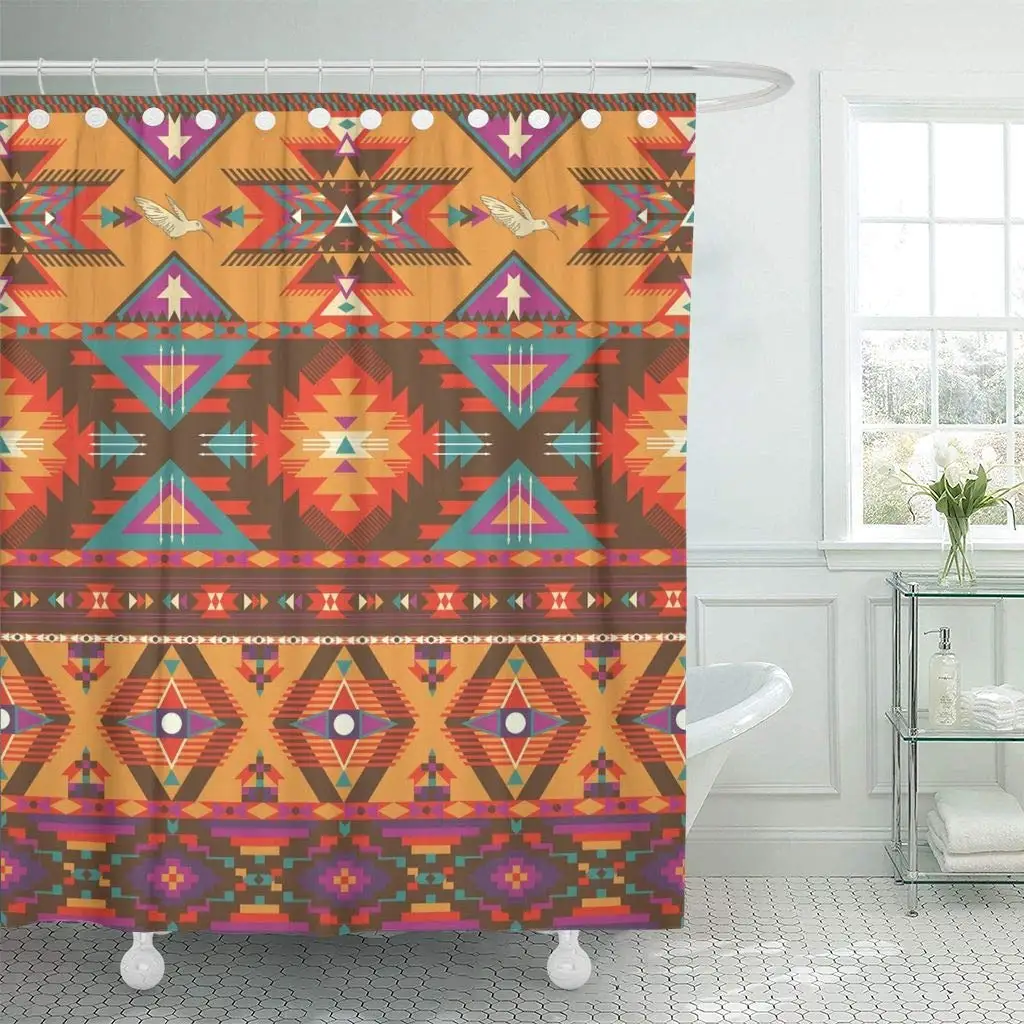 Shower Curtain With Hooks Orange American Colorful Aztec Pattern