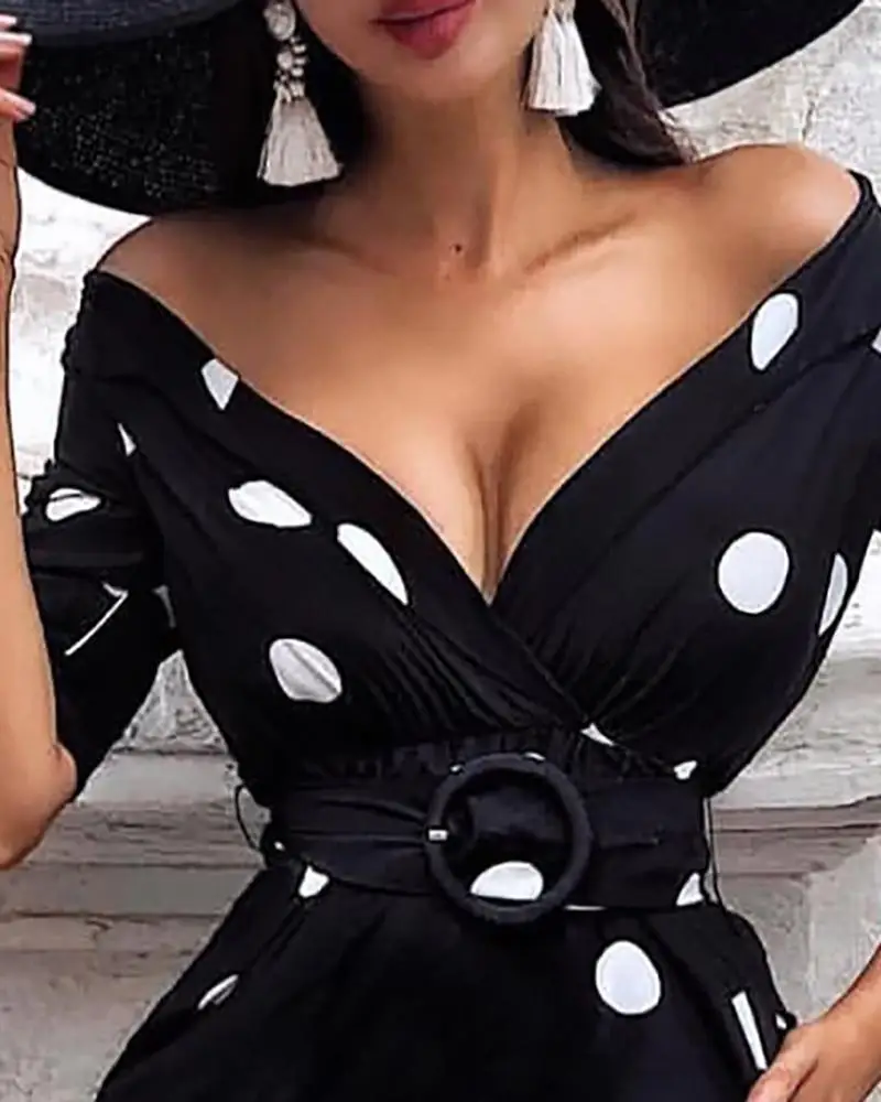 

2019 Summer Polka Dot Wrapped Dress V Neck Sexy Mini Dress Slim Bodycon Dress Vacation Beach Party Dress