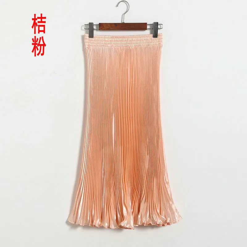 

Spring 2019 Women Long Metallic Silver Maxi Pleated Skirt Midi Skirt High Waist Elascity Casual Party Skirt